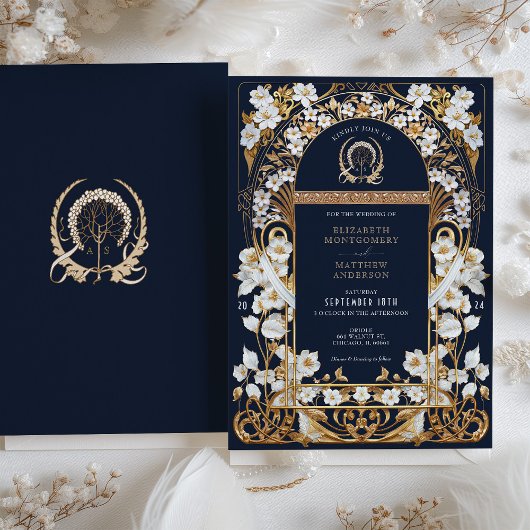 Luxe Navy Blauw & Antiek Goud Bloemen Bruiloft Kaart