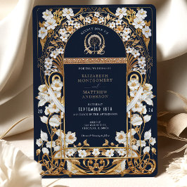 Luxe Navy Blauw & Antiek Goud Bloemen Bruiloft Kaart