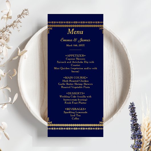 Luxe Navy Blauw en Goud bruiloft Menu