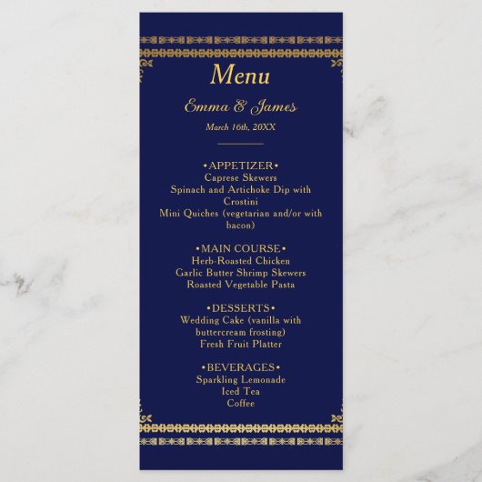 Luxe Navy Blauw en Goud bruiloft Menu (Voorkant)
