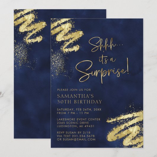 Luxe Navy Blauw en Goud Verrassingsfeestje Kaart (Voorkant / Achterkant)