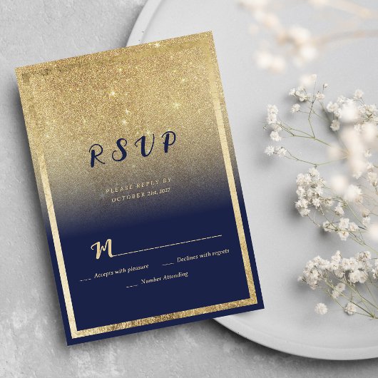 Luxe navy blauw goud ombre glitter RSVP Kaart