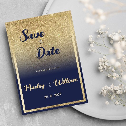 Luxe navy blauw goud ombre glitter Save the Date Kaart