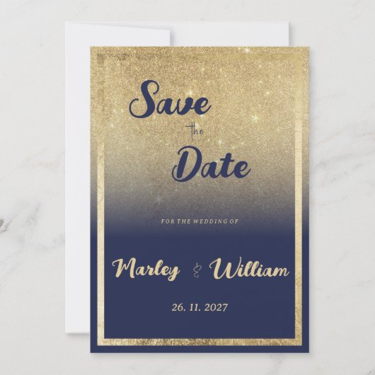 Luxe navy blauw goud ombre glitter Save the Date Kaart (Voorkant)