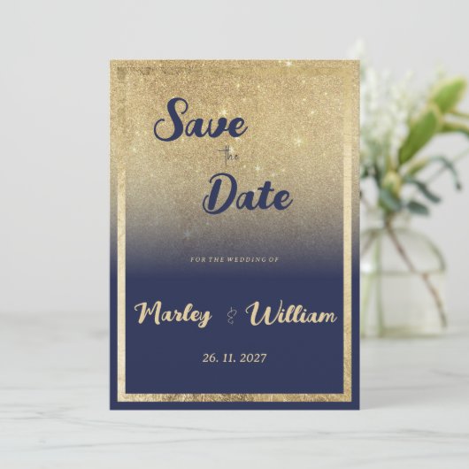 Luxe navy blauw goud ombre glitter Save the Date Kaart (Staand voorkant)