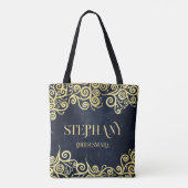 Luxe Navy Blauwe En Gouden Bloei Winterhuwelijk Tote Bag (Achterkant)