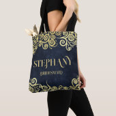 Luxe Navy Blauwe En Gouden Bloei Winterhuwelijk Tote Bag (Dichtbij)