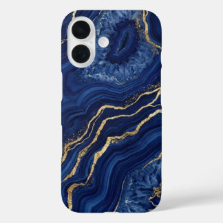 Luxe Navy Blauwe en Gouden Folie Geode Agate Marme iPhone 16 Hoesje