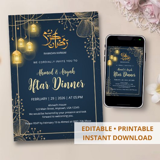 Luxe Navy Blauwe en Gouden Glitter Frame Iftar Kaart