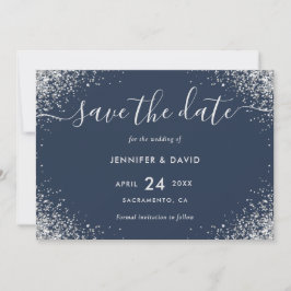 Luxe Navy Blauwe en Zilveren Glitter Bruiloft Save The Date