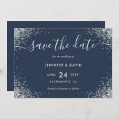 Luxe Navy Blauwe en Zilveren Glitter Bruiloft Save The Date (Voorkant / Achterkant)