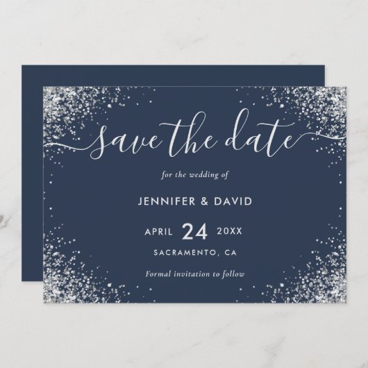 Luxe Navy Blauwe en Zilveren Glitter Bruiloft Save The Date (Voorkant / Achterkant)