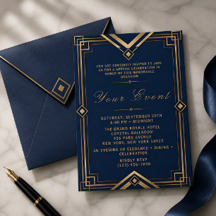 Luxe Navy Blauwe Gouden Art Deco Gala Viering Kaart