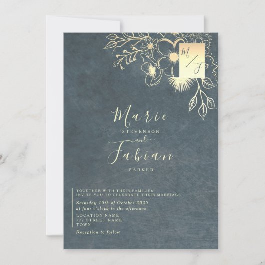 Luxe Navy Blauwe Gouden Bloem Bruiloft Kaart (Voorkant)