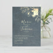 Luxe Navy Blauwe Gouden Bloem Bruiloft Kaart (Staand voorkant)