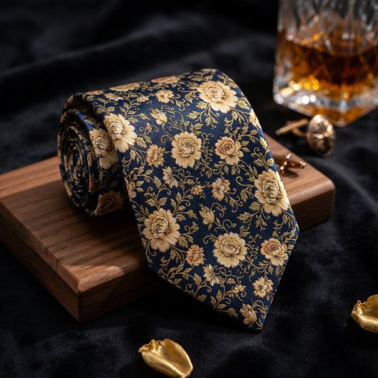 Luxe Navy Blauwe Gouden Bloemendamask Stropdas