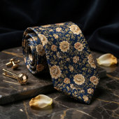 Luxe Navy Blauwe Gouden Bloemendamask Stropdas