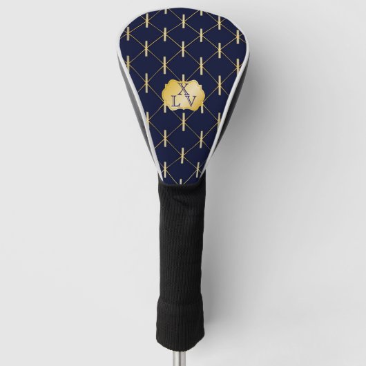 Luxe Navy Blauwe & Gouden Lattice Monogram Golfheadcover (Voorkant)