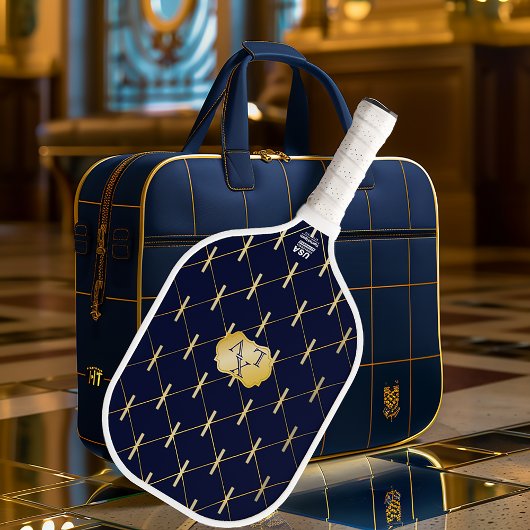 Luxe Navy Blauwe & Gouden Lattice Monogram Pickleball Paddle