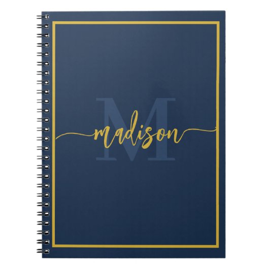 Luxe Navy Blauwe Gouden Monogram Script Naam Notitieboek (Voorkant)