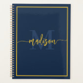 Luxe Navy Blauwe Gouden Monogram Script Naam Planner (Voorkant)