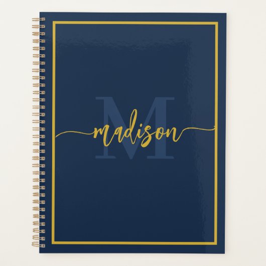 Luxe Navy Blauwe Gouden Monogram Script Naam Planner (Voorkant)