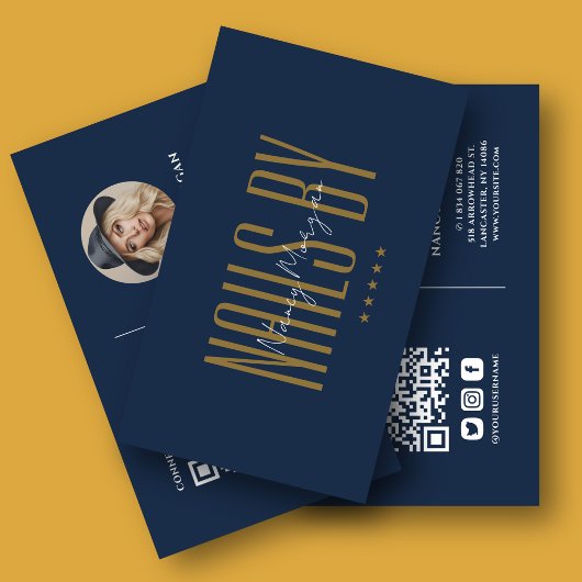 Luxe Navy Blauwe Gouden Nagel Tech Foto QR Code Visitekaartje