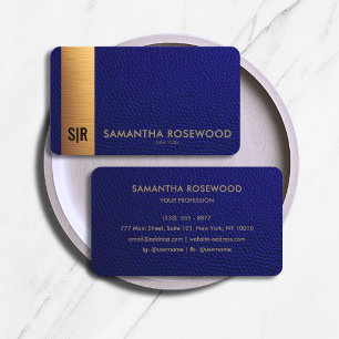 Luxe Navy Blauwe Leren & Gouden Paneel Monogram Visitekaartje