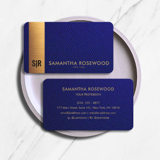 Luxe Navy Blauwe Leren & Gouden Paneel Monogram Visitekaartje