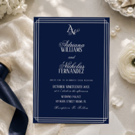 Luxe Navy Blauwe Monogram Bruiloft Kaart