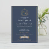Luxe Navy Blauwe Oude Geld Huwelijksmonogram Kaart (Staand voorkant)