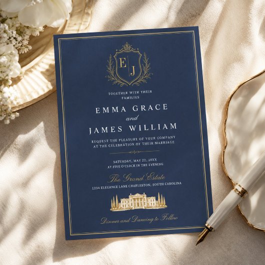 Luxe Navy Blauwe Oude Geld Huwelijksmonogram Kaart