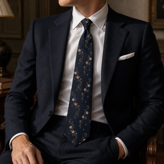 Luxe Navy Blauwe Sakura Bloesem Japanse Bloem Stropdas