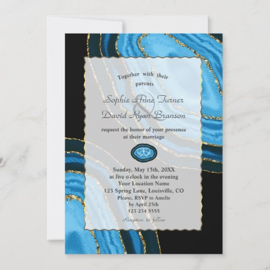 Luxe Navy Blauwe Waterverf Agaten Parels Bruiloft Kaart (Voorkant)