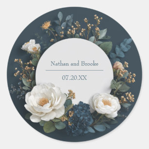 Luxe Navy Blauwe Witte Pioen Dimensionale Trouwjur Ronde Sticker