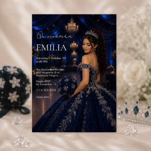 Luxe Navy Blauwe Zilveren Quinceañera Uitnodiging