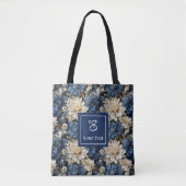 Luxe Navy Bloemen Aangepaste Naam Bloemstas Tas (Voorkant)
