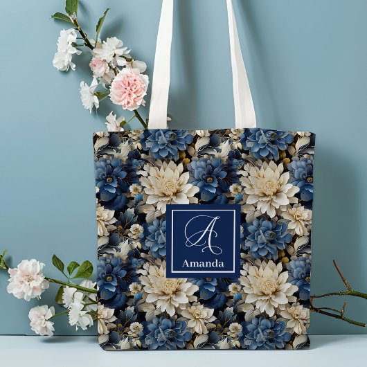 Luxe Navy Bloemen Aangepaste Naam Bloemstas Tas