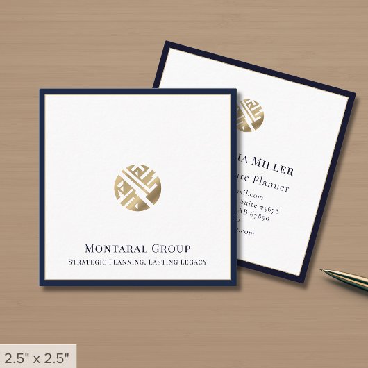 Luxe Navy Blue Border Gold Logo Vierkante Visitekaartje