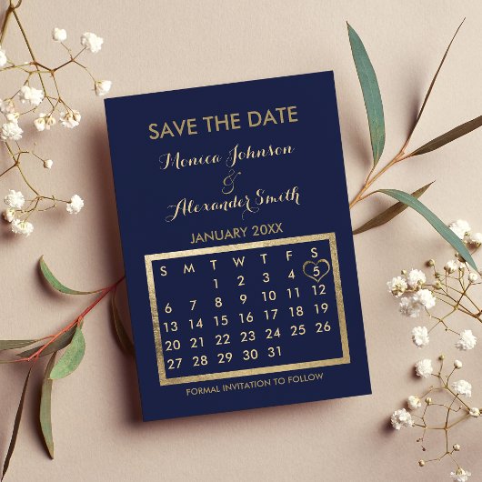 Luxe navy Blue Gold Kalender Save the Date Aankondigingskaart