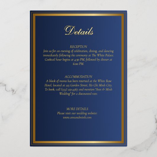 Luxe Navy Blue & Gold Wedding Details Kaart (Voorkant)