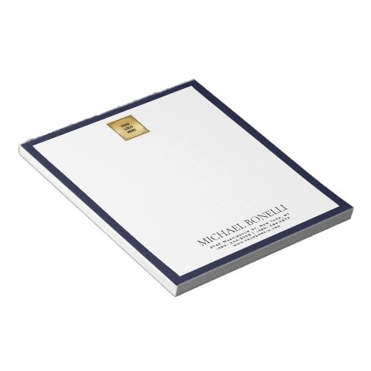 Luxe Navy Blue Leather Square Logo professional Notitieblok (Schuin)