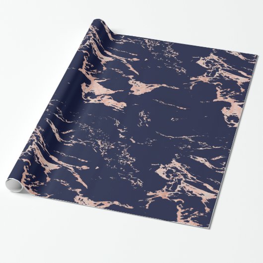 Luxe Navy Blue Roos Gold Folie Marmer Cadeaupapier (Uitgerold)
