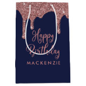 Luxe Navy Blue Roos Gold Glitter Drips Verjaardag Medium Cadeauzakje (Voorkant)
