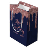 Luxe Navy Blue Roos Gold Glitter Drips Verjaardag Medium Cadeauzakje (Achterkant Gekanteld)