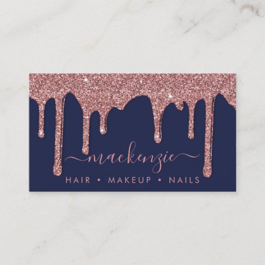 Luxe Navy Blue Roos Gold Sparkle Glitter Drips Visitekaartje (Voorkant)