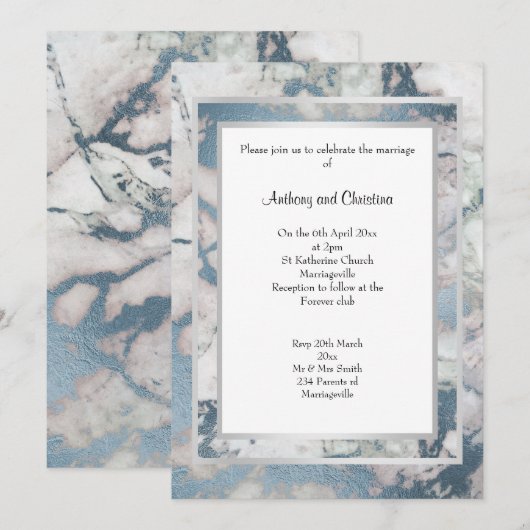 LUXE NAVY BLUE SILVER MARBLE WEDDING INVITATION KAART (Voorkant / Achterkant)