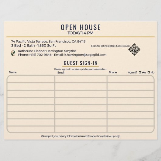 Luxe Navy & Crème Makelaar Open Huis Inschrijvings Flyer (Voorkant)