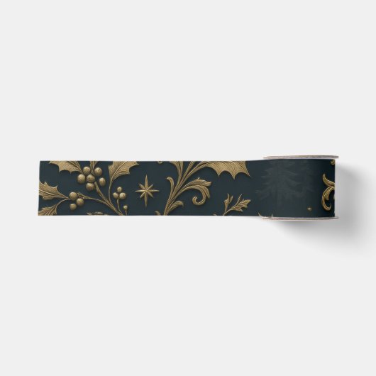 Luxe Navy en Goud Botanische Kerst Grosgrain Lint (Voorkant)