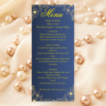 Luxe Navy en Gouden Bloemen Wedding Menu Kaart